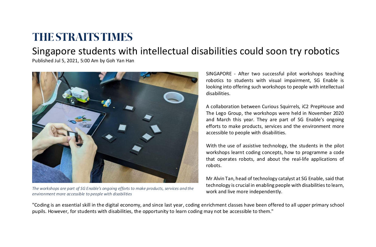Singapore students with intellectual disabilities could soon try robotics