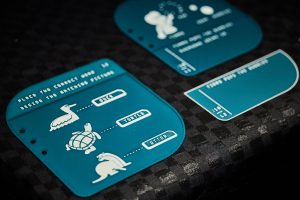 Two green tactile cards with raised illustrations and braille text. One card shows three animals - a bird, a turtle, and an otter—with corresponding labels. The other card has a figure blowing bubbles and text prompts for matching activities